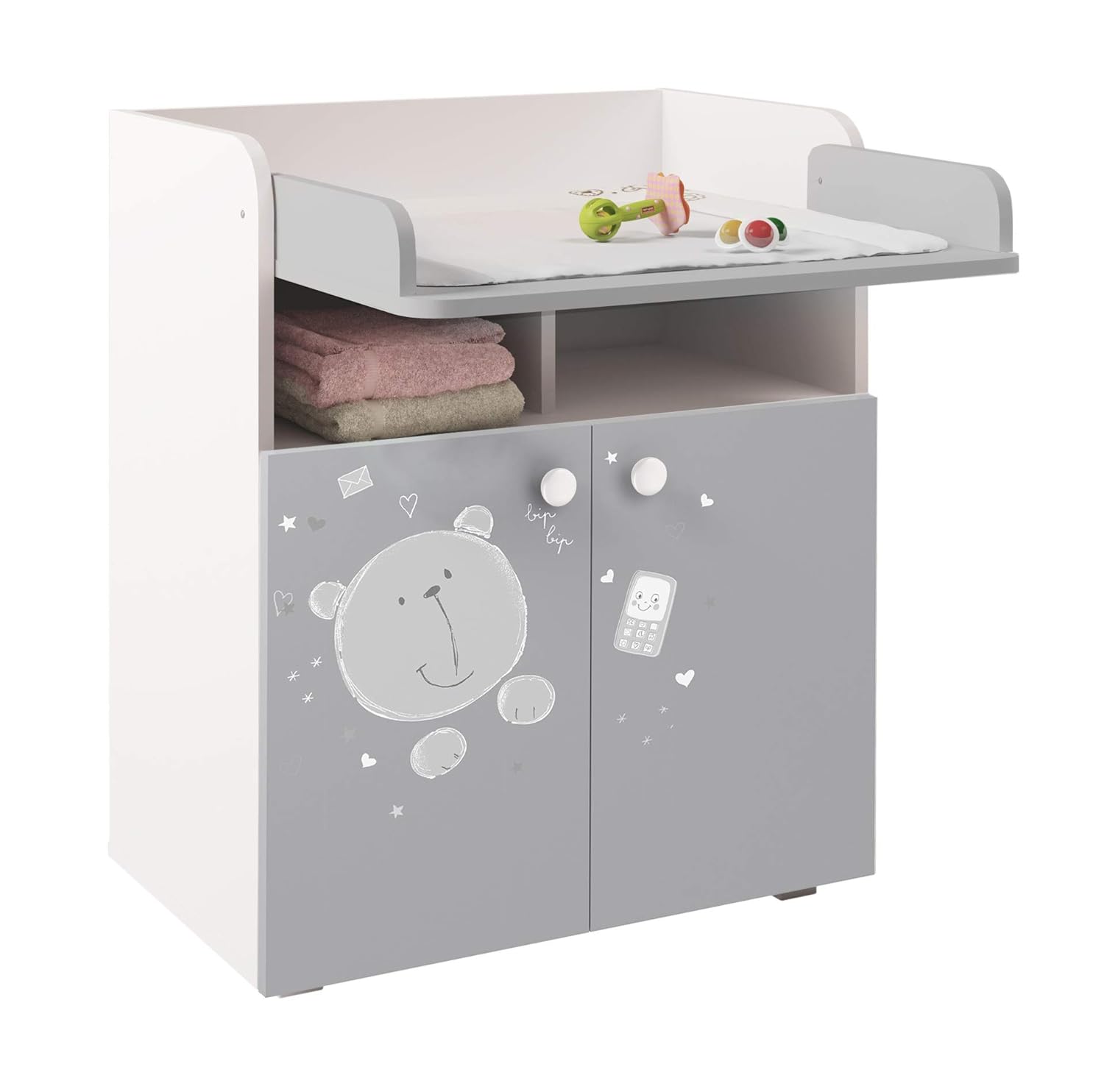 Polini Kids Wickelkommode Wickeltisch French Teddy weiß-grau Klappbare Wickelfläche