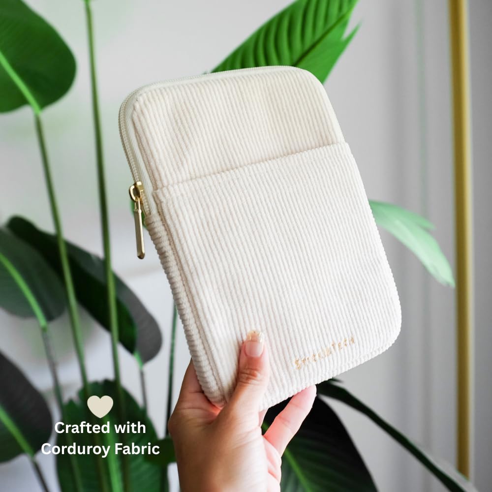 StickieTech Kindle Sleeve - Cute Corduroy 8x6.25 inch Case, Cream Kindle Pouch, 2 Pockets - Compatible with 6-7 inch E-Readers, Ideal Travel Sleeve