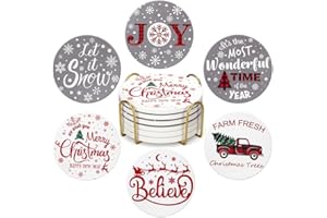 RENAWE 6 Pcs Ceramic Christmas Coasters Absorbent Drink Coasters with Holder Cute Xmas Coaster Set Decorative Coffee Table Decor Coaster Funny Christmas Decoration Housewarming Gift Festive Cup Coasters