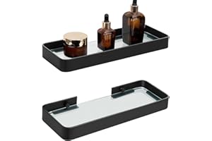 Uquelic 12 Inch Glass Bathroom Shelves, 2pcs Modern Floating Shelf, Matte Black Aluminum Frame, Clear Tempered Glass, Wall-Mounted Bathroom Shelf