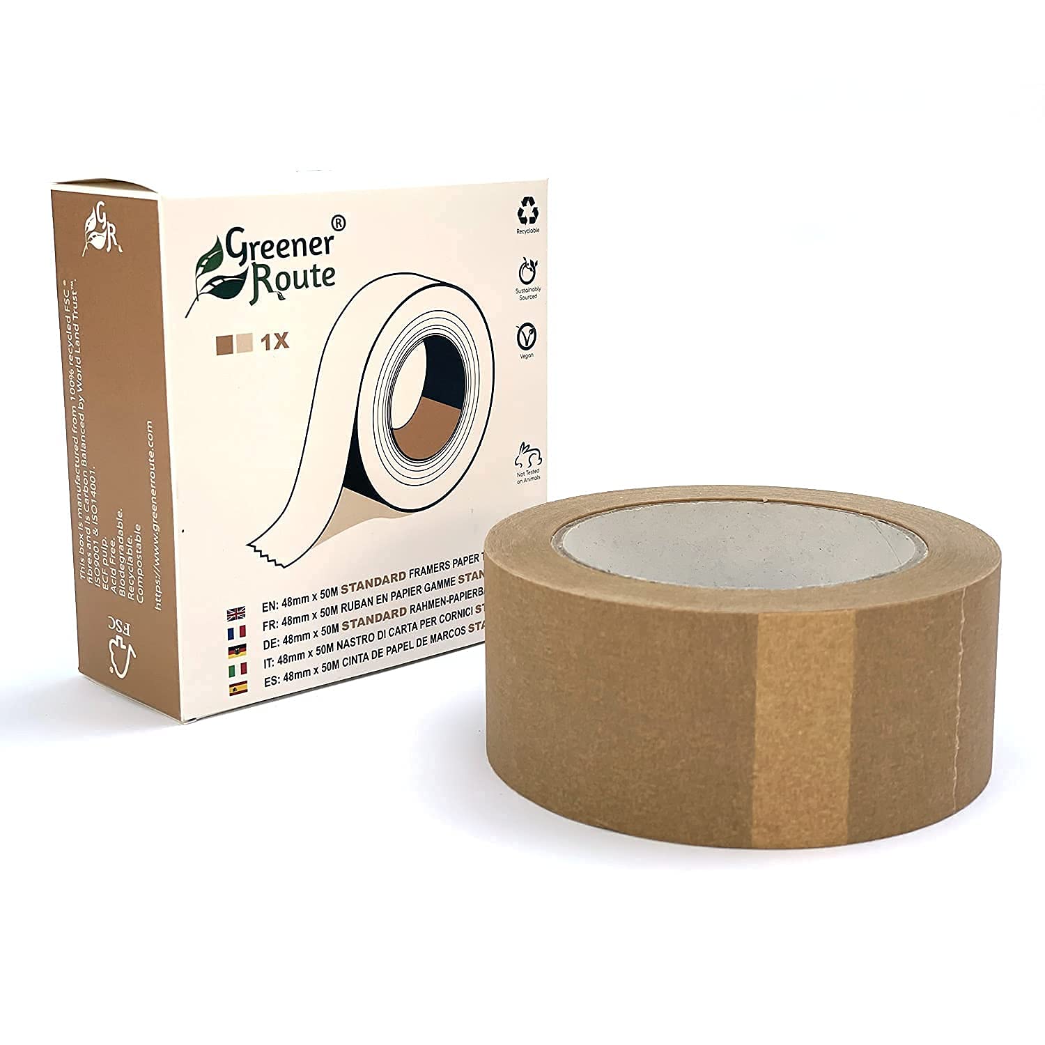 Greener Route 48mm Packaging Framer's Paper Tape Recyclable | Natural Rubber Self-Adhesive Saturated Paper Tape | 50 Meter Roll - Vegan - Sustainably Sourced (1)