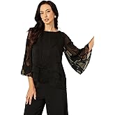 Lace Blouses for Women Dressy Casual Flutter 3/4 Length Sleeve Chiffon Top Round Neck Floral Elegant Business Work Shirt