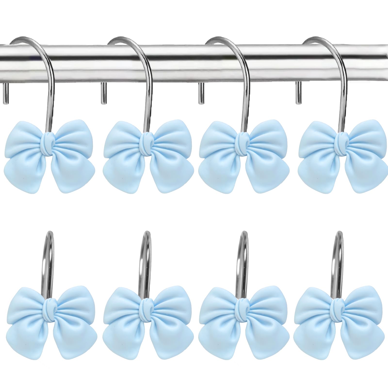 Photo 1 of 12 Soft Light Blue Shower Curtain Hooks with Bow Design - Spa Style Bathroom Decor for Coastal and Contemporary Homes, Girls Rooms