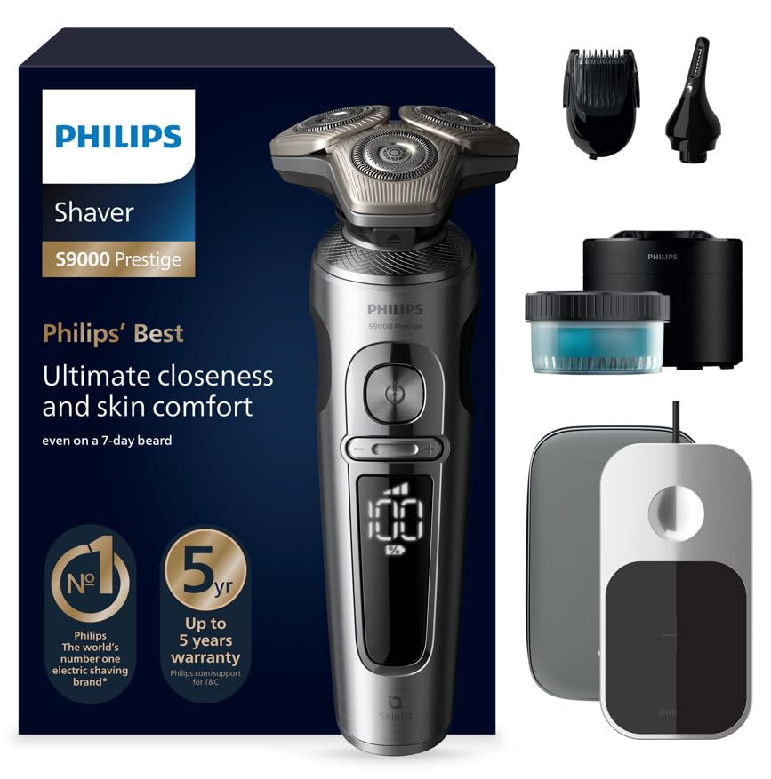 Philips Rasoio Elettrico Serie 9000 Prestige, secco e umido, cromo brillante, rasatura Lift & Cut, tecnologia SkinIQ, regolabarba, rifinitore per il naso, base di ricarica Qi, modello SP9885/35
