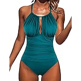 Hilor Women's Slimming One Piece Swimsuits Halter High Neck Tummy Control Bathing Suit Sexy Ruched Monokini Swimwear