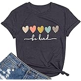 Be Kind Shirt Women Heart Print Vintage Graphic Tee Inspirational Teacher Tops Short Sleeve