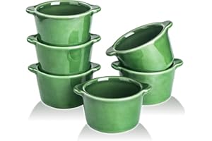 Creme Brulee Ramekins Ceramic Bowls - VICRAYS Mini Custard Cups 8 oz oven Safe Bowls Souffle Dishes for Baking Individual Casserole Dipping Sauce Pioneer Woman Bakeware Set of 6, Green