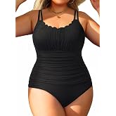 Women's Plus Size One Piece Swimsuit - Tummy Control Ribbed Bathing Suit | Scalloped Neck, Double Straps, Adjustable Straps, Full Coverage, Full Lining