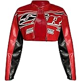 Verdusa Women's Y2K Motorcycle Zip Up Crop Jacket Color Block Letter Graphic Bomber Jacket Outerwear