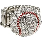 Crystal Baseball Softball Bling Ring with Red Enamel - Stretches to Fit Ring Sizes 8 to 11