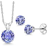 Gem Stone King 14K White Gold Blue Tanzanite Pendant Earrings Jewelry Set For Women | 1.50 Cttw | Gemstone December Birthstone | Round 6MM | with 18 Inch Chain