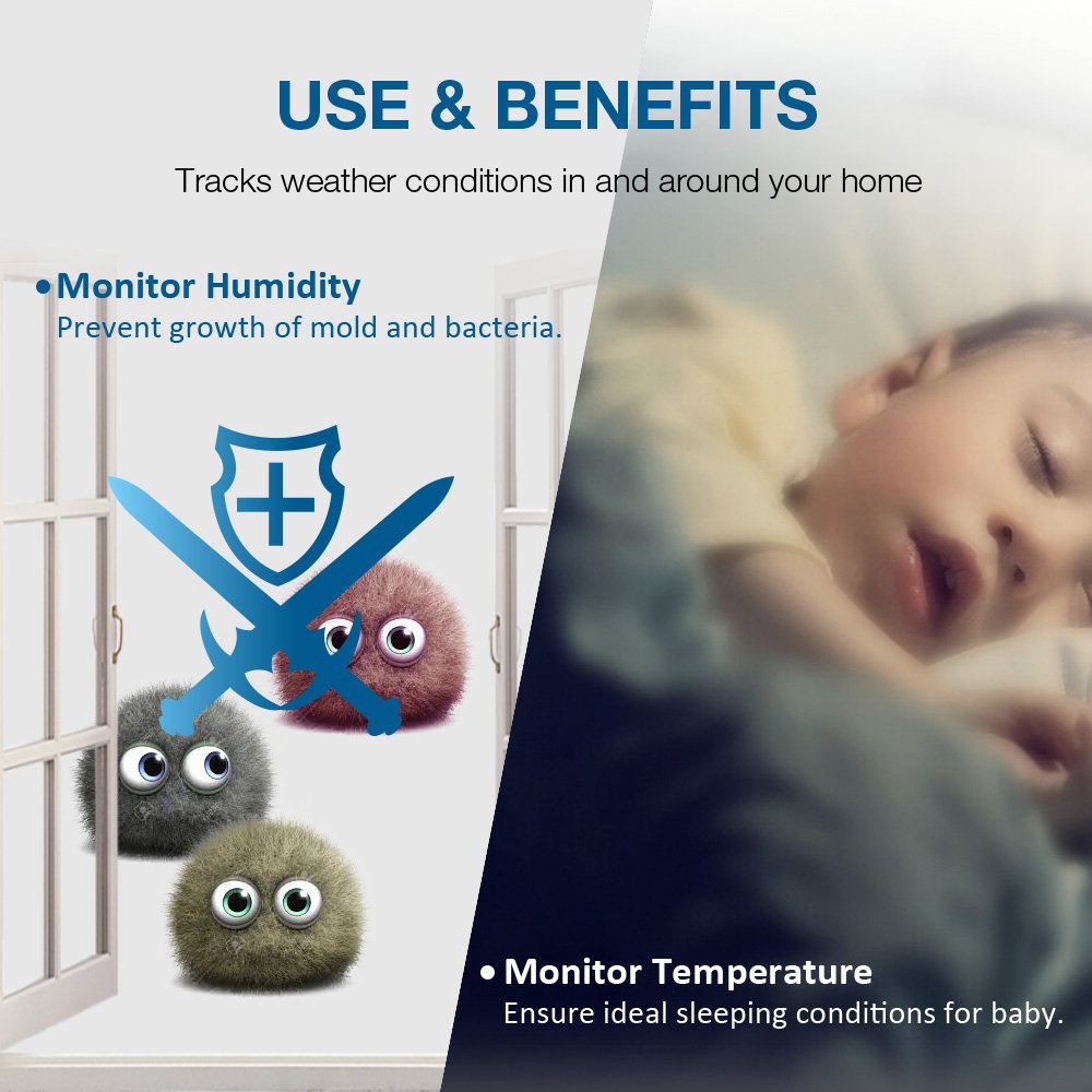 Wireless Weather Station, Houzetek S657 Indoor Outdoor Thermometer Color Home Alarm Clock with Temperature and Humidity Monitor, Large Display Digital Tabletop Hygrometer Outdoor Sensor, USB Port