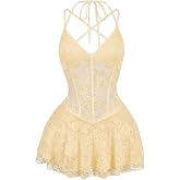 Verdusa Women's Corset Lace Halter Dress Backless Going Out Mini Dresses | Ruffle Hem, with Shorts Underneath, Floral, Exposed Boning, Concert Outfit, Party Clubwear