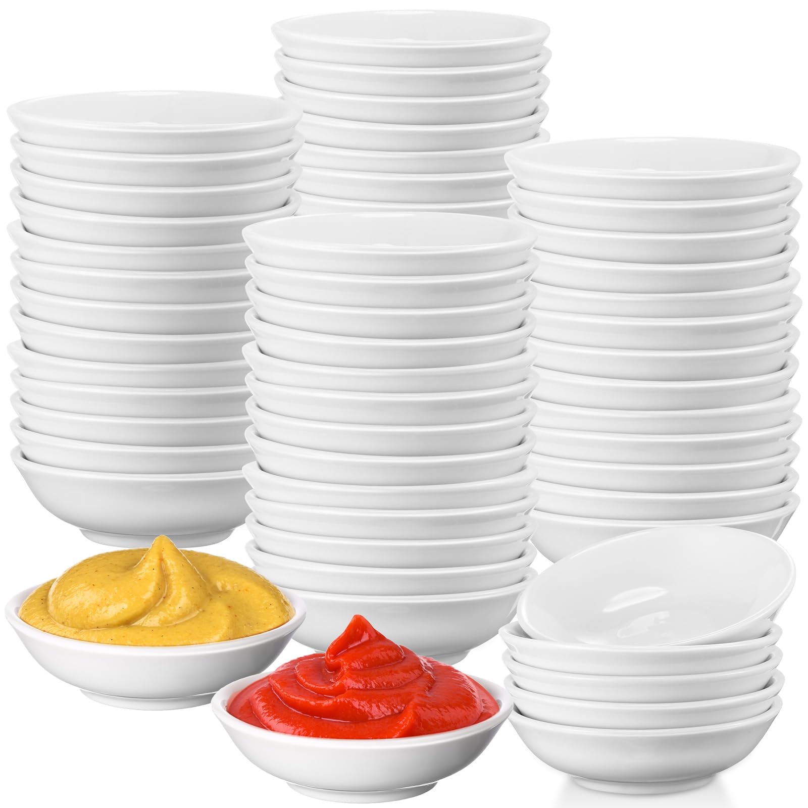 Photo 1 of (ONLY 50) Mimorou Soy Sauce Dish Ceramic White Dipping Bowls Bulk, 1.2 oz Asian Small Porcelain Sauce Bowls for Sushi, ketchup, Vinegar, Olive Oil, Soy, Spices, BBQ Chip and Dip Serving Bowl Set Gift (100 Pcs)