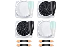 BPrettier Nail Chrome Powder Pearl White Black Chrome Nail Powder 4 Jar Mermaid Chrome Nail Powders Glitter Nail Art Mirror Effect Shimmery Aurora Powder for Women Girls Gifts (Black & White)
