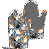 Heat Resistant Oven Mitts 2 Pack, 500°F Silicone Oven Gloves with Non-Slip Grip, Soft Quilted Cotton Lining for Baking, Grilling, BBQ, Cooking (Cat Grey)