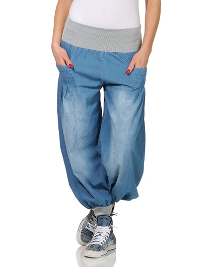 ZARMEXX Damen Pumphose im Denim Style Jeans Tanzhose Aladinhose zum Chillen Haremshose