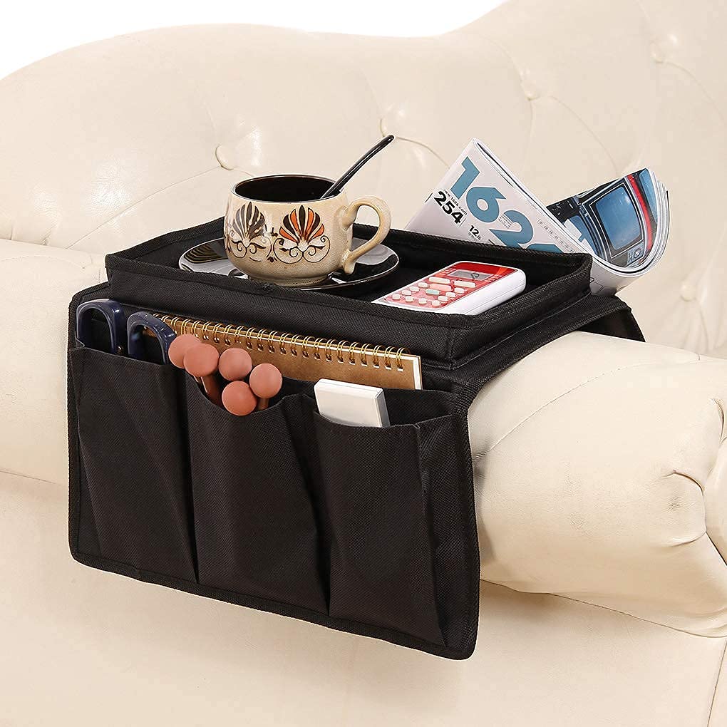 TINAYAUE Sofa Armrest Organizer, Couch Caddy Pocket Storage Bag, TV Remote Control Phone Pouch Holder, Armchair Cup Mug Tray, Space Saving Tidy Holder, 6 Pockets & Foldable Hanging Organiser — image 1