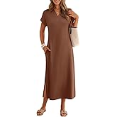 MEROKEETY Women's Summer Casual Maxi Dress 2026 Cap Sleeve V Neck Collared Beach Vacation T Shirt Long Dresses