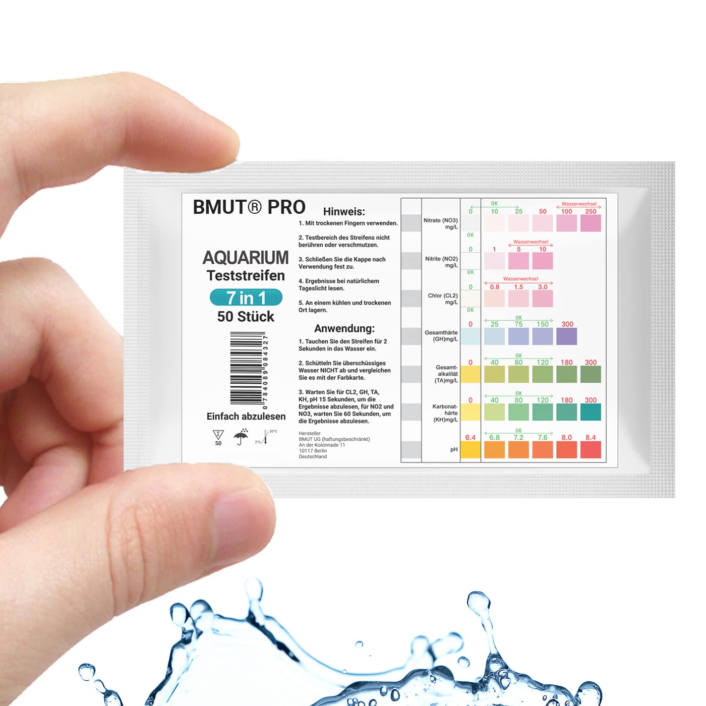 BMUT 50 Test Strips for Aquarium & Pond, 7-in-1 Water Values e.g. pH, Nitrite, Nitrate, GH