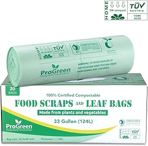 ProGreen 100% Compostable Bags 33 Gallon, Extra Extra Thick 1.1 Mil, 20 Count, Extra Large Lawn And Leaf Trash Bags, Biodegradable ASTM D6400 BPI And VINCOTTE Certified