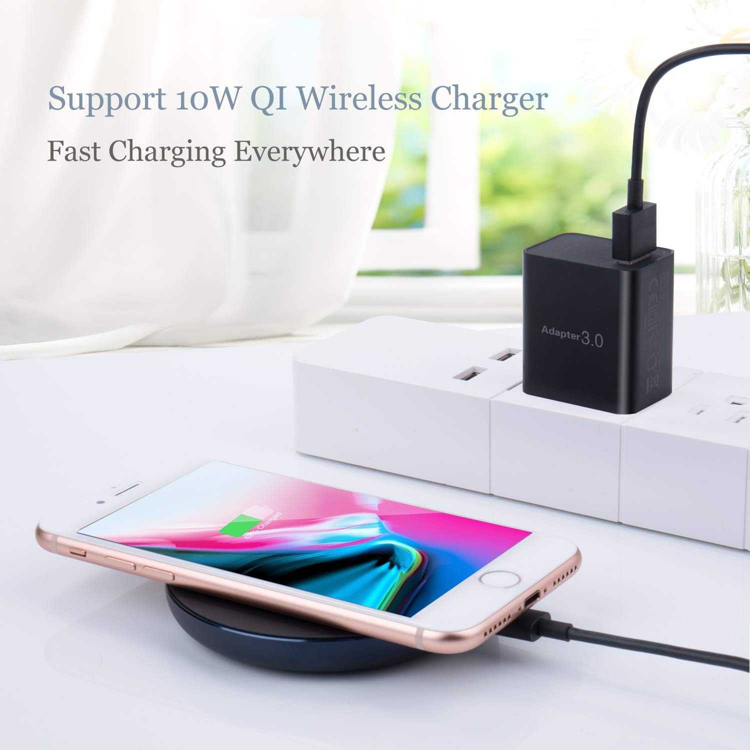 QC 3.0 Wall Charger, OKRAY 2 Pack 18W Fast Charging USB Wall Charger Power Adapter USB Plug Compatible 10W Wireless Charger, iPad Pro, Tablets, iPhone, Samsung Galaxy S10/S9/S8, LG, HTC (Black Black)