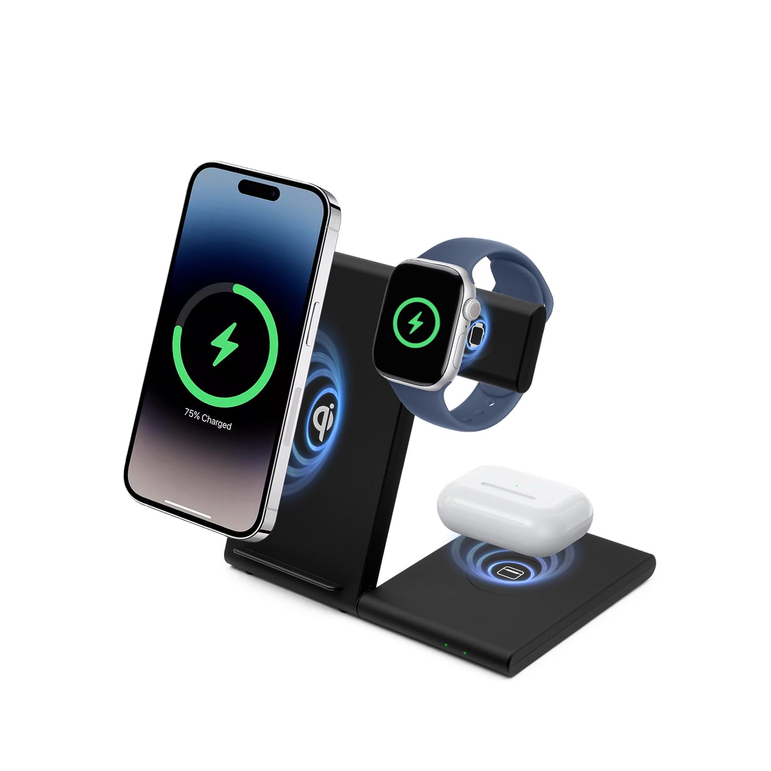 Photo 1 of 3 in 1 Foldable Wireless Charging Station for Apple Devices, 15W Fast Wireless Charger Stand for iPhone 16/15/14/13 /Plus/Pro/Pro Max/12/11, Apple Watch 10/9/8/7/Ultra2/Ultra/SE, AirPods 4/3/2/Pro