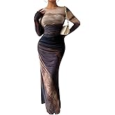 PRSFPN Women's Long Sleeves Maxi Bodycon Dress Tie Dye Ruched Mesh Layer Prom Formal Wedding Elegant Dresses