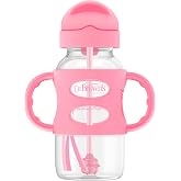 Dr. Brown's Wide-Neck Sippy Straw Bottle with Handles, Pink, 1-Pack | Teach baby straw-sipping skills, weighted straw lets them drink in any direction, 100% silicone handles, 9 oz, 6m+