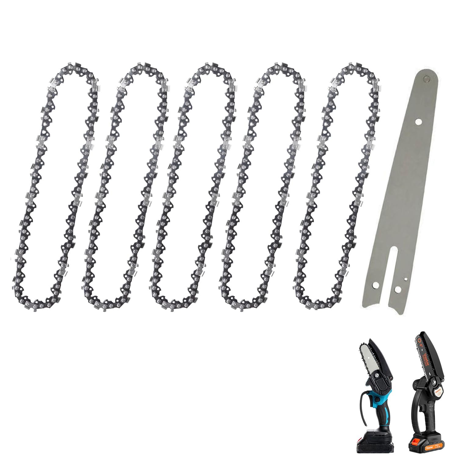 GIONAR 6 PCS 6 Inch Mini Chainsaw Chain Set, 5PCS Replacement Chain Saw Chains with Chainsaw Guide Bar for Portable Mini Chainsaws, Steel Chainsaw Blade for Wood Cutting (37 Drive Links)