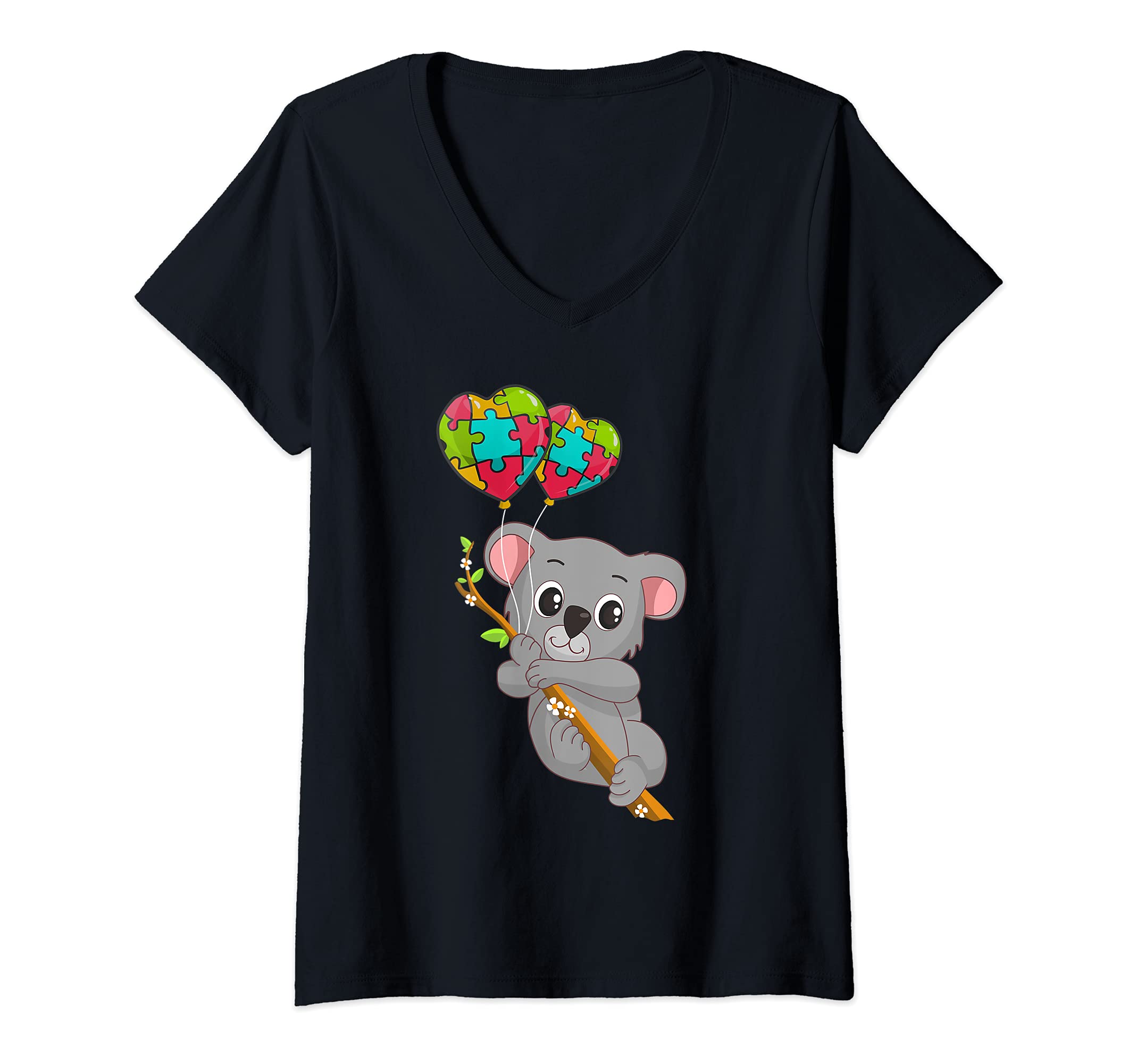 Womens Autism Awareness Koala Bear Puzzles Heart Balloons Autism V-Neck T-Shirt