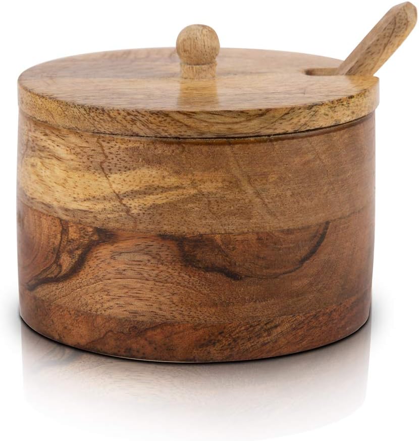 Decorative Rustic Wooden Sugar Bowl & Spoon With Lid Wide Mouth Candy Treat Jar Spice Jar Holder