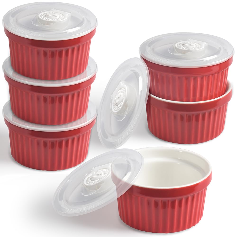 homEdge Porcelain Ramekins Set with Lid, 240 ml / 8 Fl Ounces Ice Cream Bowl, Creme Brûlée Ramekins Soufflé Cup for Baking, Set of 6 Red