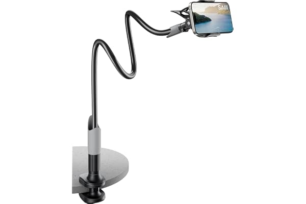 SAIJI Gooseneck Bed Phone Holder, Flexible Long Arm Phone Mount for Desk, Clip Bracket Clamp Stand, iPhone Stand, Mobile Cell