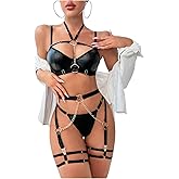 OYOANGLE Women's Sexy Pu Lingerie Set with Leather Strappy Garter Belt Goth O-Ring Chain 6 Piece Bra and Thongs Sets