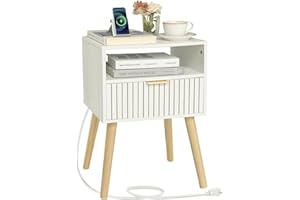MAXSMEO White Nightstand with Charging Station, Mid Century Modern Nightstand with Liner Drawer and Solid Wood Legs, Small Bedside Table End Table for Bedroom with 2-Tier Storage, White