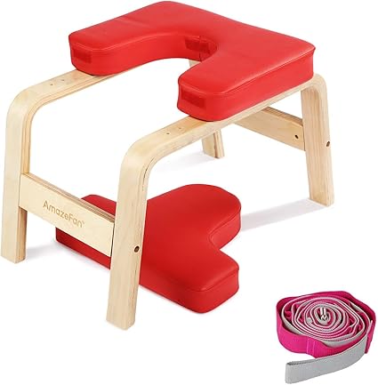 Amazon Com Amazefan Yoga Headstand Bench Stand Yoga Inversion Chair Stool With Natural Wood And Pu Pads Handstand Trainer With 1 Yoga Stretch Strap Relieve Fatigue And Build Up