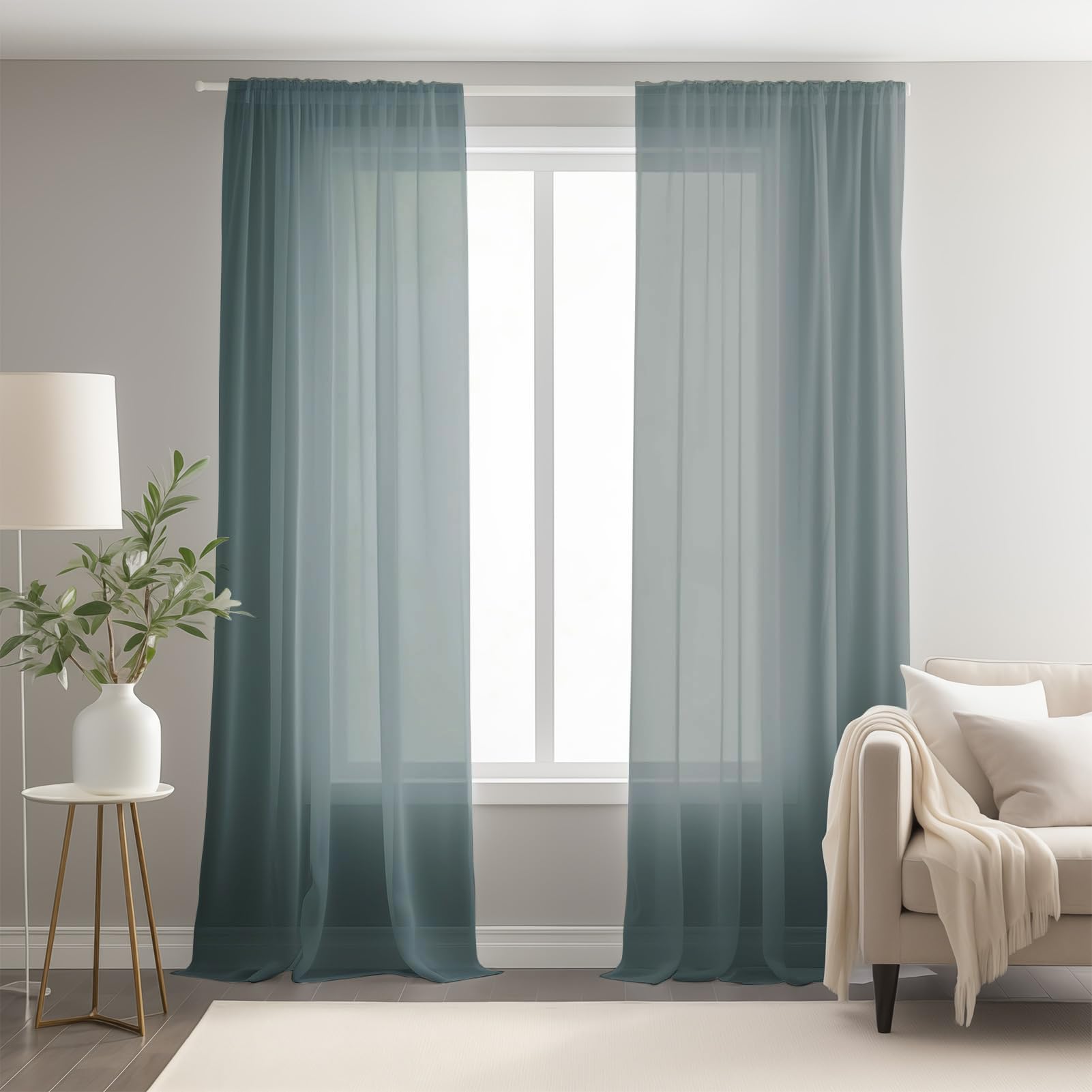 NAKIHOUSE Voile Curtain, 96 Drop Net Curtains Light Filtering Window Treatment Sheer & Drapes Slot Top Blue-Grey Sheer Curtains for Bedroom/Nursery Room 52" x 96", 2 Panels