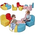 Kinsuite Kids Sofa Seating Set Convert to Table and 4 Chairs Colorful Stools for Toddlers Soft Foam Play 8 PCs Set for Classroom