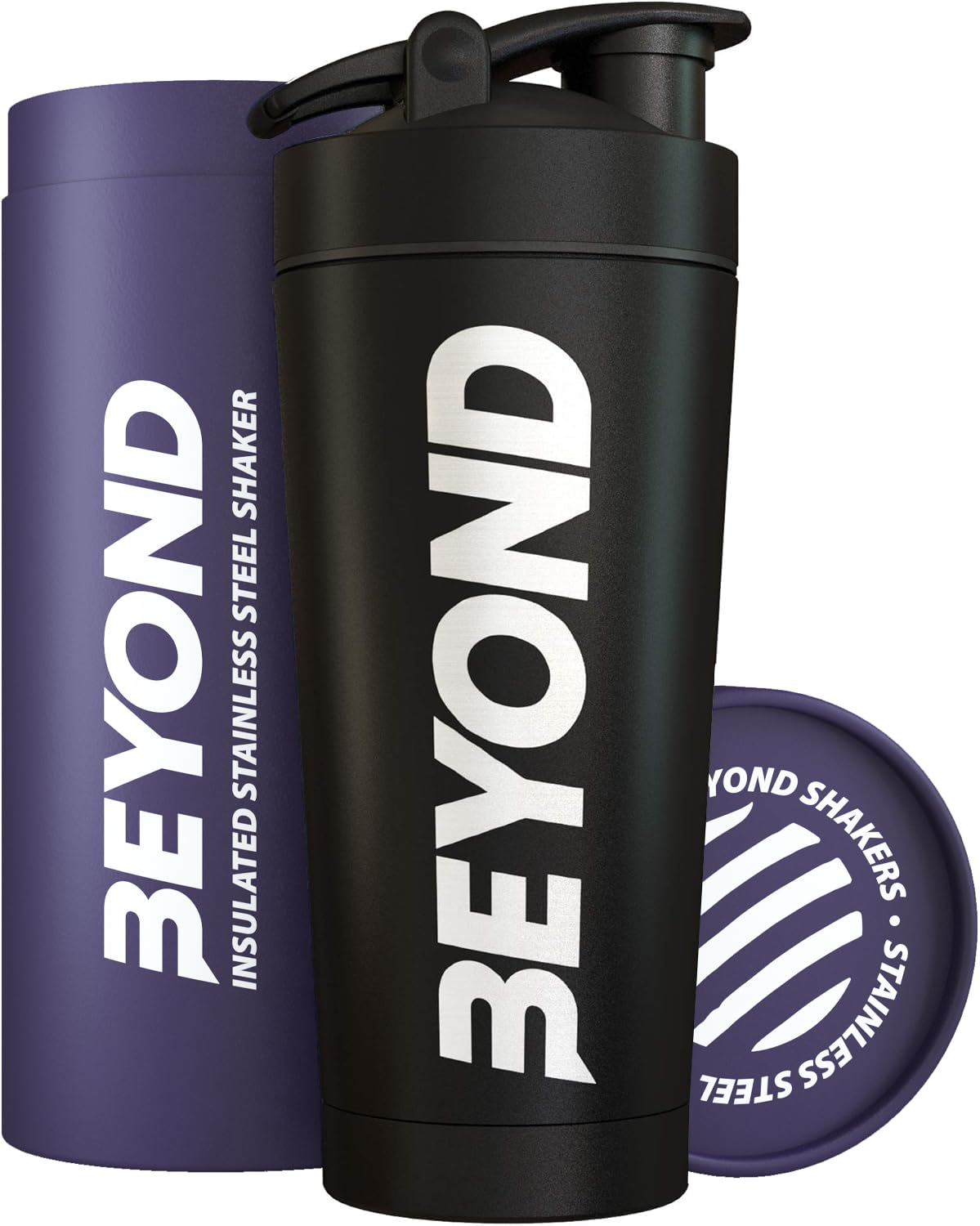 Beyond Shakers Insulated Metal Protein Shaker, Stainless Steel Supplement Bottle - BPA Free for Gym 735ml in Black