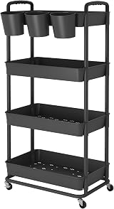 JIUYOTREE 4-Tier Rolling Storage Cart with Lockable Wheels Black