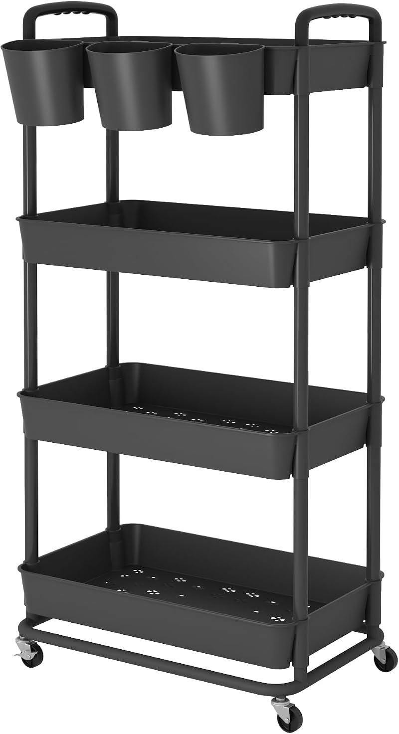 JIUYOTREE 4-Tier Rolling Storage Cart with Lockable Wheels Black