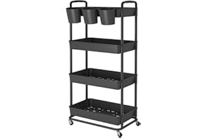 JIUYOTREE 4-Tier Plastic Rolling Storage Cart Utility Cart with Extra Hanging Cups Handles Lockable Wheels for Living Room Ba