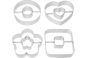 Adorainbow 4pc Doughnut Cookie Cutters - Stainless Steel Donut Cutter Molds - Heart Square Flower Round Shapes for Home Use -