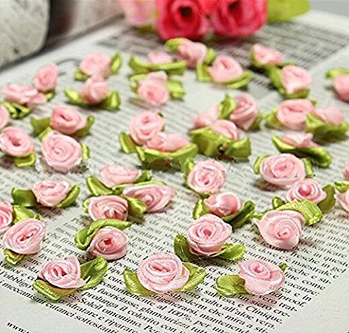 100 PCS Mini Ribbon Bows Roses Flowers Craft Artificial Ornament Applique Sewing DIY (Pink)