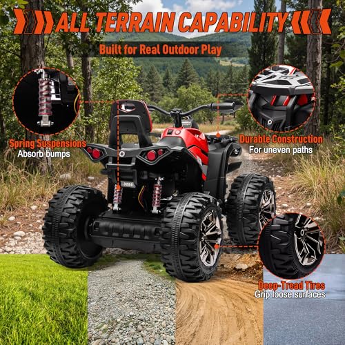 JOYRACER 24V 2 Seater Kids ATV 4 Wheeler, 4x4 Ride on Toys w/800W Engines, 9AH Battery Powered Electric Vehicle w/LED Light, MP3, USB, Spring Suspension, Kids Quad for Girls, Red