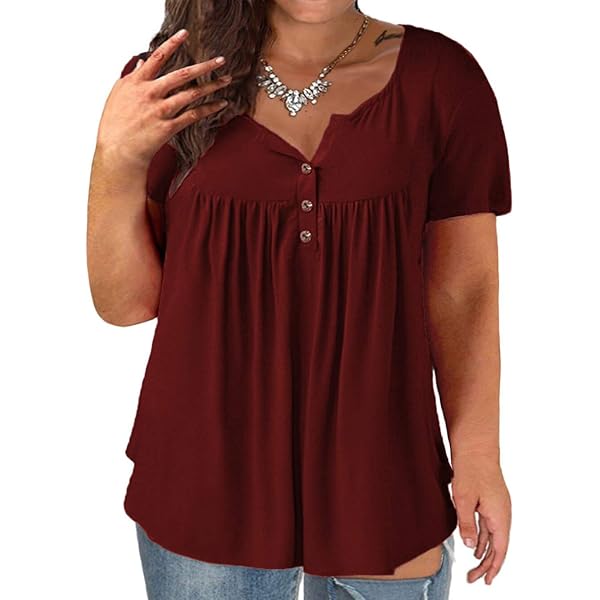 TIYOMI Women's Plus Size Tops Swing Flowy Short Sleeve Tunics 3X Pleated Black Floral Blouse Henley Dressy Shirts Buttons Babydoll Pullover Loose Fit
