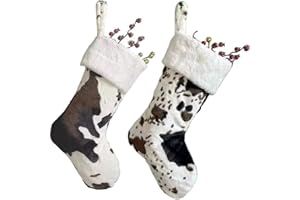 OLLULL Christmas Stockings, Cow Faux Fur Large Xmas Stockings Hanging Ornaments 2 Pack 20 Inch