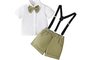 TENTIDE Baby Boys Formal Suit Set Short Sleeve with Bowtie Suspender Shorts Pants Outfits Clothes 0-24Months