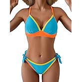 B2prity Women's Color Block Bikini Set Sexy V Neck Criss Cross Two Piece Swimsuits Tie Side Cheeky Bathing Suits